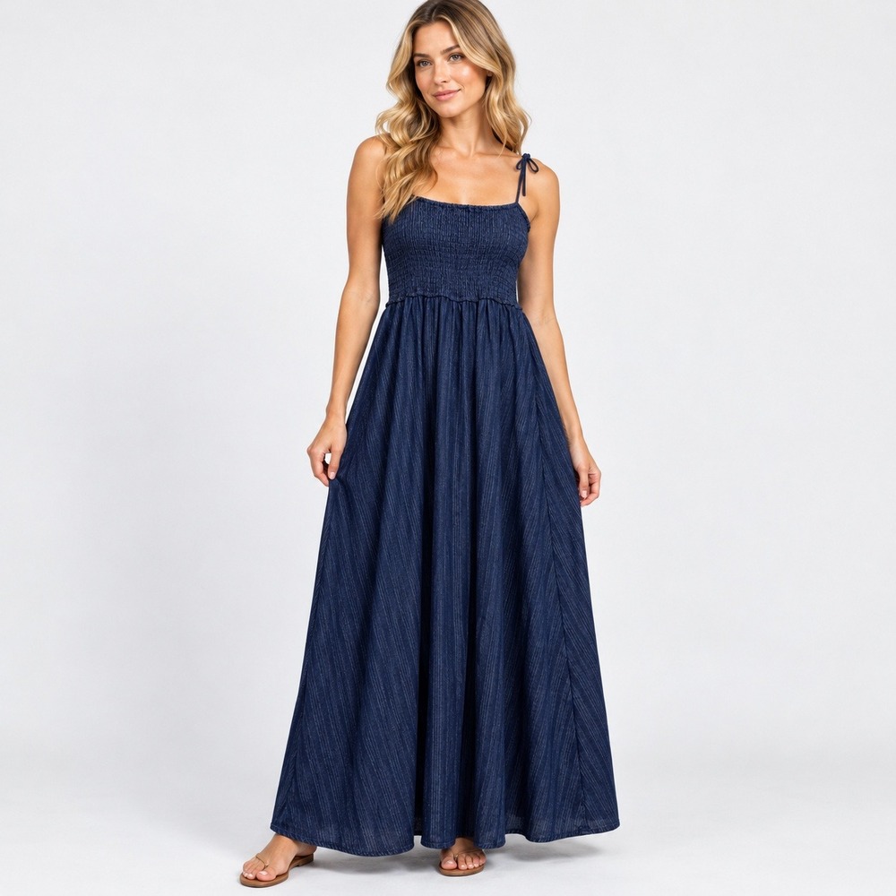 Blu Pepper Blue Pinstripe Denim Look Maxi Dress Tie Strap Smocked Back Large